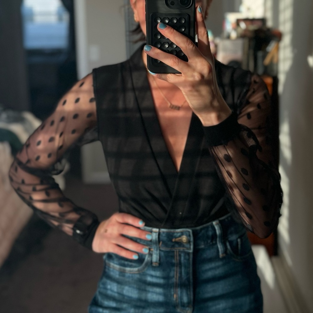 Black Polkadot Sleeve Bodysuit